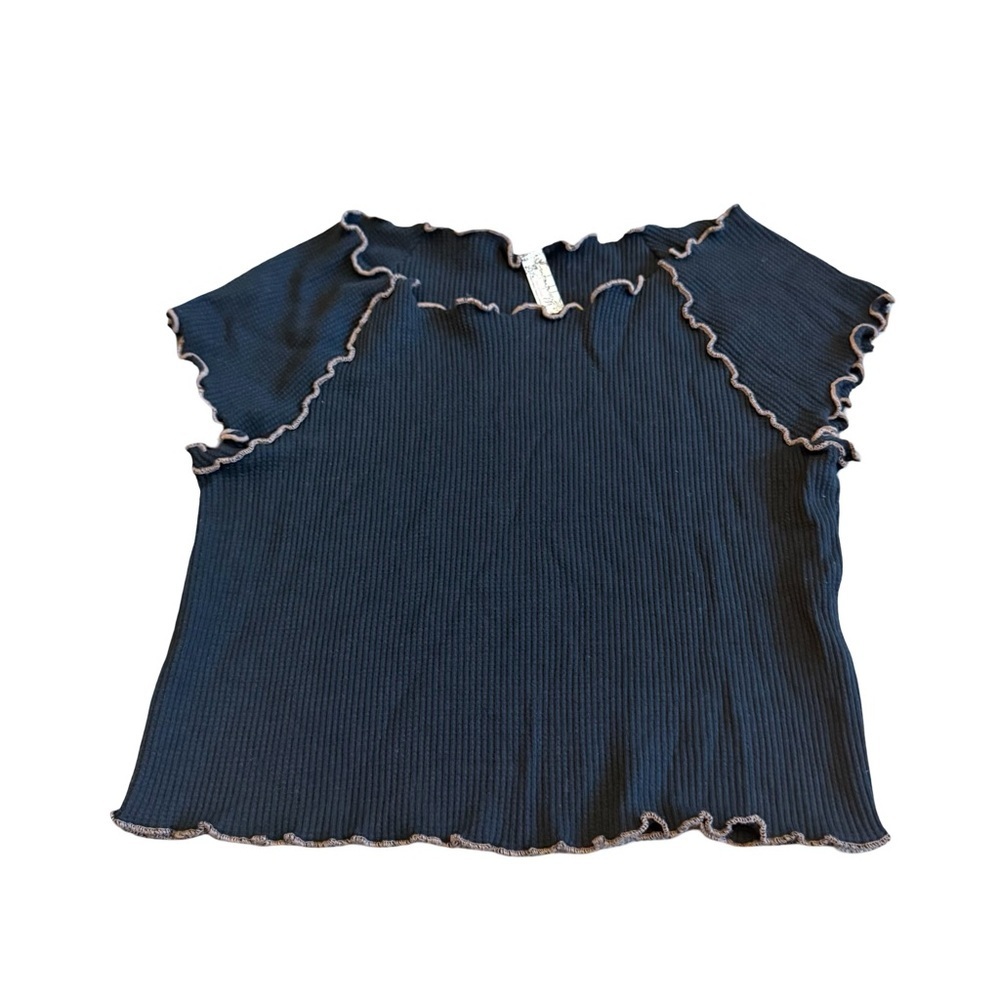 Free People Black Ruffle Crop Top T-Shirt Stretch Casual Ribbed Size XS Women's